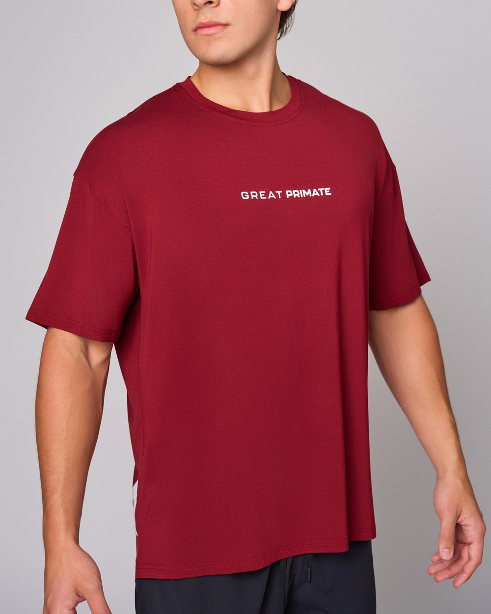 Burgundy Bamboo Oversized T-Shirt, three-quarter on-model
