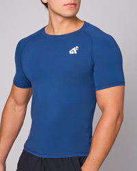 Blue Bamboo Compression Shirt, three-quarter on-model