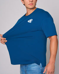 Blue Organic Cotton Oversized T-Shirt, side on-model